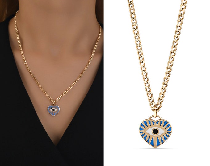 Heart Evil Eye Charm Necklace | 14k Gold Curb Chain Necklace w Enamel Evileye Talisman, Turkish Bad Eye Whammy Protection | Gift for Her