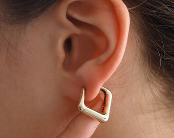 14k Gold Triangle Hoop Earrings | Geometric Bold Chunky Statement Huggie Jewelry