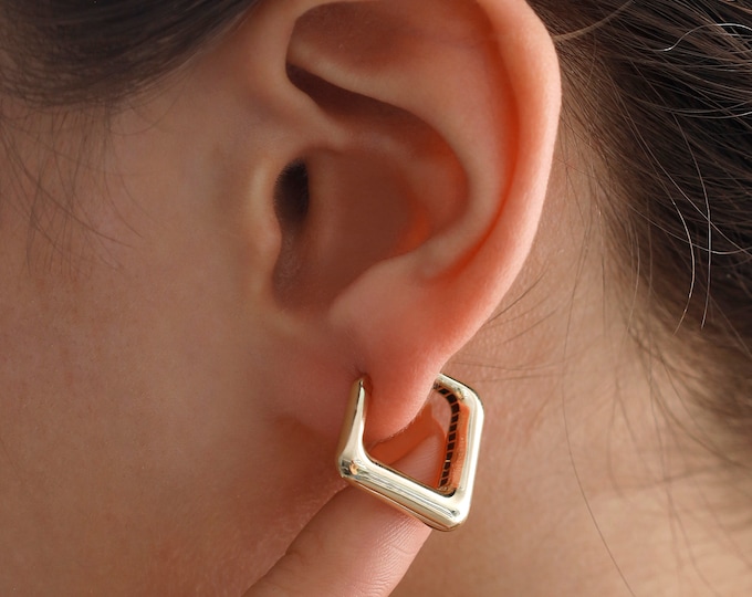 14k Gold Triangle Hoop Earrings | Geometric Bold Chunky Statement Huggie Jewelry