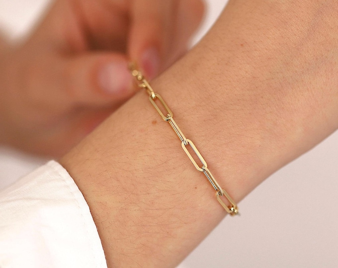 14k gold paperclip chain bracelet | 4mm elongated  paperclip bracelet, rectangle link chain, unisex chain, layering bracelet, gift for her