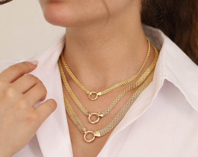 14k Bismarck Chain Gold Necklace w/ Sailor Lock | 4mm Italian Mesh Chain, Sailor Clasp with Heart, Padlock, Moon & Star Charms, Gift for Her
