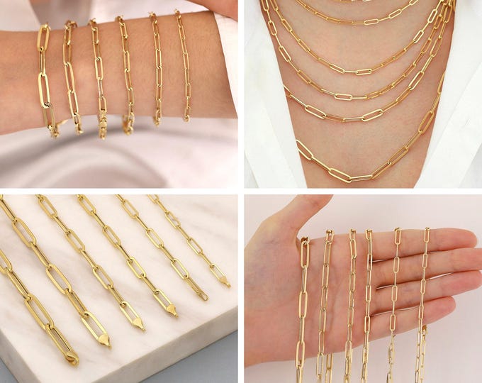 14k gold long paperclip chain bracelet / necklace | 3mm to 6mm elongated paperclip chain, 6" to 25" layering jewelry, graduation gift