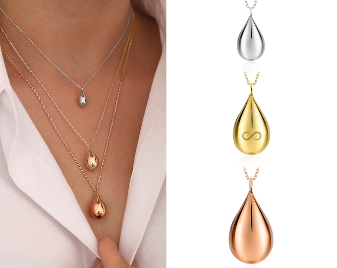 14k Gold 7mm Tear Drop Cremation Urn Necklace | Custom Ash Holder Necklace, Memorial Urn Necklace, Dad Son Ashes, Keepsake Pendant For Loss