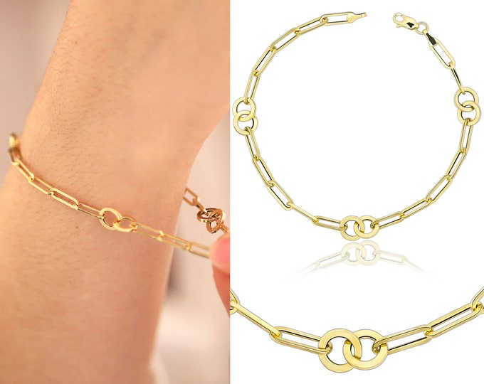 14k Gold Paperclip & Round Link Chain Bracelet | Paperclip Chain w/ Round Links, Dainty Hoop Bracelet, Stacking Bracelet, Anniversary Gift