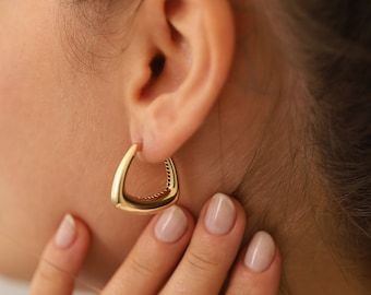 14k Gold Triangle Dome Earrings | Bold Thick Tube Statement Hoop Jewelry