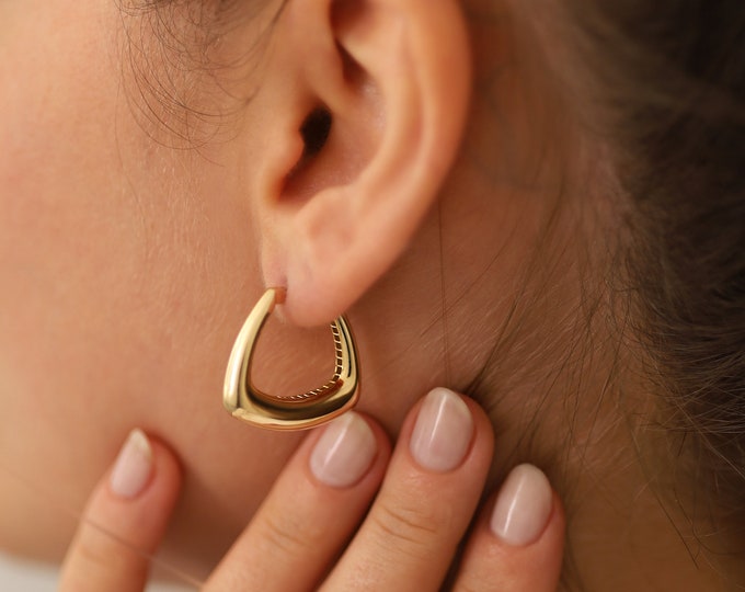 14k Gold Triangle Dome Earrings | Bold Thick Tube Statement Hoop Jewelry