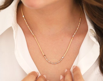 14K Gold Tri-Color Laser Cut Beaded Franco Mesh Chain Necklace | Italian Mesh Chain Necklace with Cubic Dorica Ball, Graduation Gift for Her