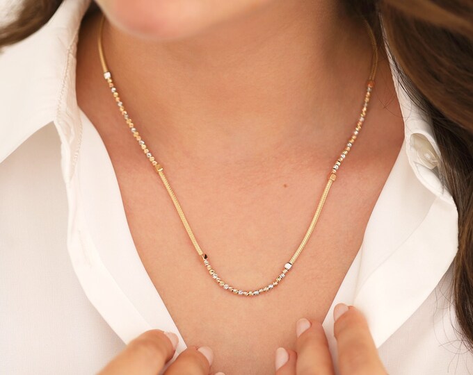 14K Gold Tri-Color Laser Cut Beaded Franco Mesh Chain Necklace | Italian Mesh Chain Necklace with Cubic Dorica Ball, Graduation Gift for Her