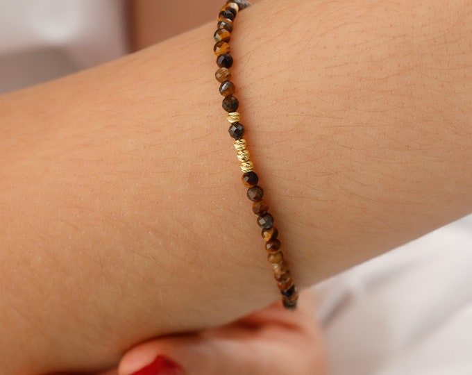 Tiger Eye Bracelet with 14k Gold Dorica Bead | Natural Stone Beaded Bracelet, Protection Gemstone Bracelet, Gemini Birthstone, Birthday Gift