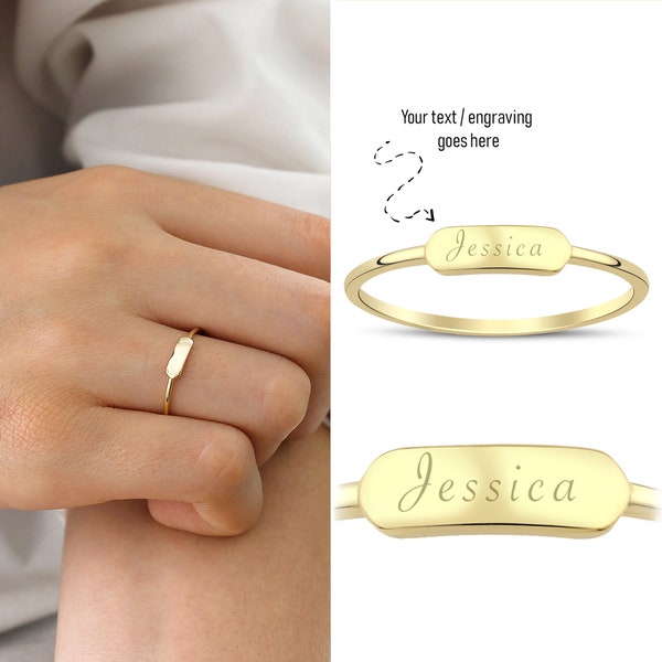 Anillo mínimo grabable de oro de 14 k / anillo delicado apilable, joyería personalizada para parejas, regalo de Navidad, regalo de día especial, regalo para ella