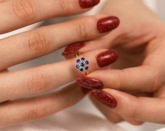 14k Gold Sapphire Hexagon Ring | Honeycomb Flower September Birthstone Gift