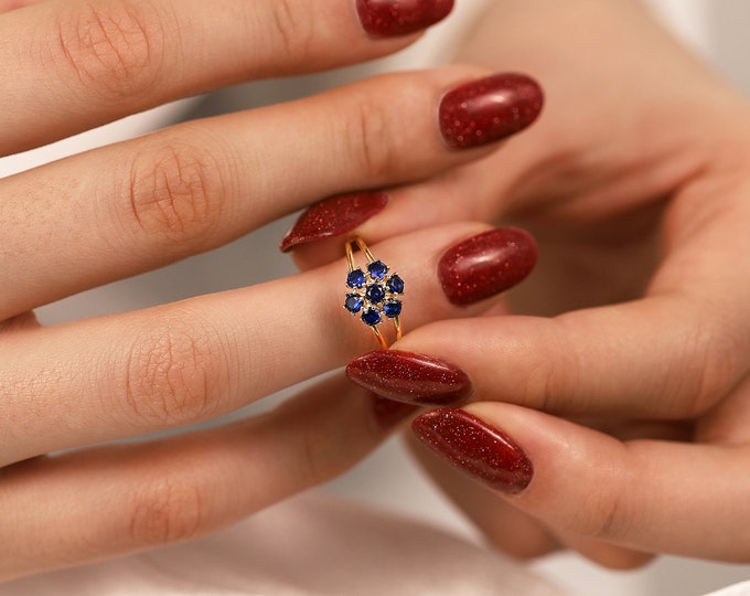 14k Gold Sapphire Hexagon Flower Ring | Handmade Jewelry, September Birthstone, jewelry set, Spiritual Healing Gemstone, Birthday Gift