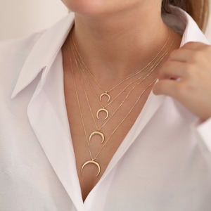 Crescent Moon 14k Gold Necklace | Moon Pendant, Double Horn Necklace, 14k Gold Minimalist Crescent Charm, Birthday Gift | Gift for Her