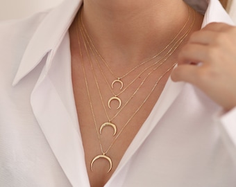 Crescent Moon 14k Gold Necklace | Moon Pendant, Double Horn Necklace, 14k Gold Minimalist Crescent Charm, Birthday Gift | Gift for Her