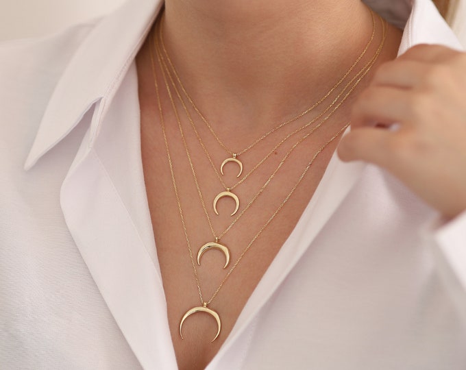 Crescent Moon 14k Gold Necklace | Moon Pendant, Double Horn Necklace, 14k Gold Minimalist Crescent Charm, Birthday Gift | Gift for Her