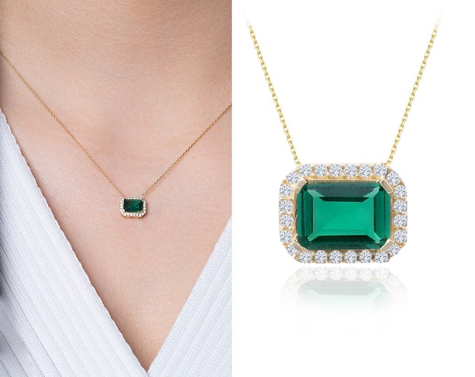 14k Gold Green Emerald Necklace | Handmade Jewelry, CZ Gemstone Pendant, Baguette Cut Necklace, Anniversary Jewelry Gift, Dainty Design