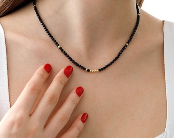 14k Gold Onyx Beaded Necklace | Black Natural Stone Dorica Beads, December Birthstone