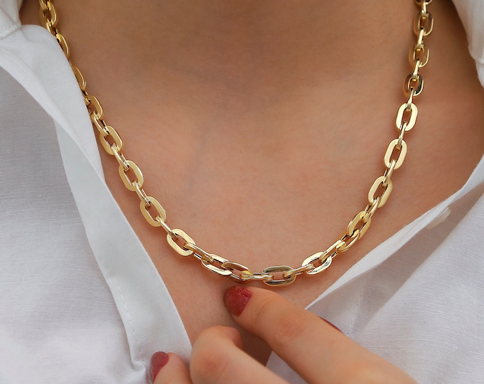 14k Gold 7mm Elongated Chain Necklace | Thick Link Chain, Heavy Statement Necklace, Bold Layering Necklace, Chunky Jewelry, Graduation Gift