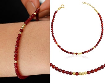 14k Gold Red Jade Bracelet | Jade Stone Bracelet, Dark Red Natural Stone Bracelet, Elegant Stacking Bracelet, Energy Crystal Jewelry Gift