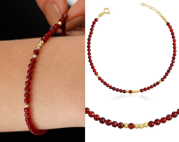 14k Gold Red Jade Bracelet | Jade Stone Bracelet, Dark Red Natural Stone Bracelet, Elegant Stacking Bracelet, Energy Crystal Jewelry Gift