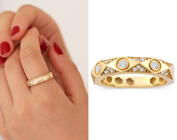 14k Gold Eye Shaped Geometric Design Ring | Fore Finger Statement Ring, Charming Band Ring, Elegant Jewelry, Gift for Her, Graduation Gift