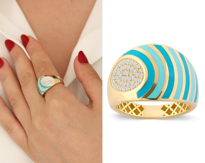 14k Gold Aqua Blue Striped Dome Ring | Blue Toned Heavy Ring, Bold Wide Fore Finger Ring, Chunky Jewelry, Gift for Her