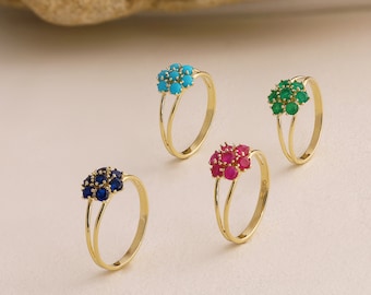 14k Gold Emerald Hexagon Flower Ring | Handmade Jewelry, Wedding Jewelry Set, May Birthstone, Dainty Emerald Gemstone Ring, Anniversary Gift