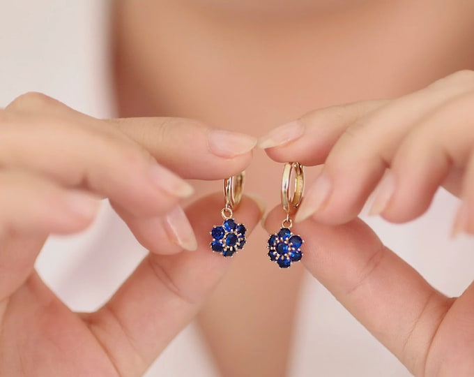 14k Gold Sapphire Hexagon Flower Dangle Earrings | Honeycomb Blue Sapphire Dainty Drop & Stud Earrings, September Birthstone, Gift for Her