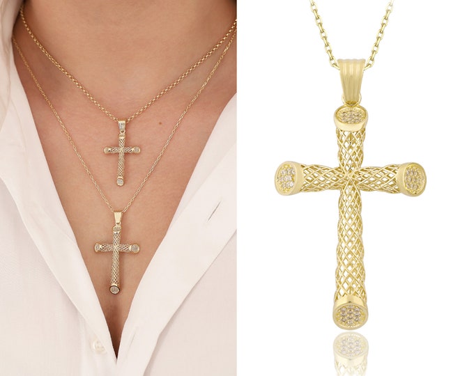 Cross 14k Gold Pendant | Hallow Crucifix Necklace, Engraved Christian Pendant, Religious Gift, Gift for Elders, Gift for Him, Gift for Mom