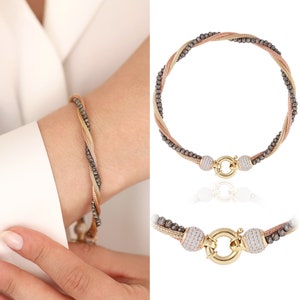 14K Tri Color Gold Foxtail Bracelet | Twisted/Braided Round Mesh Multi Strand Bracelet w/ Black Gold Dorica Balls & Sailor Clasp, Best Gift