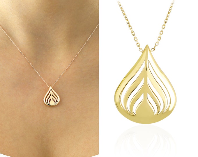 14k Gold Teardrop Necklace | Puffy Flashy Pendant, Handmade Water Drop Bold Necklace, Christmas Gift, Mother Gift, Handmade Gift for Her