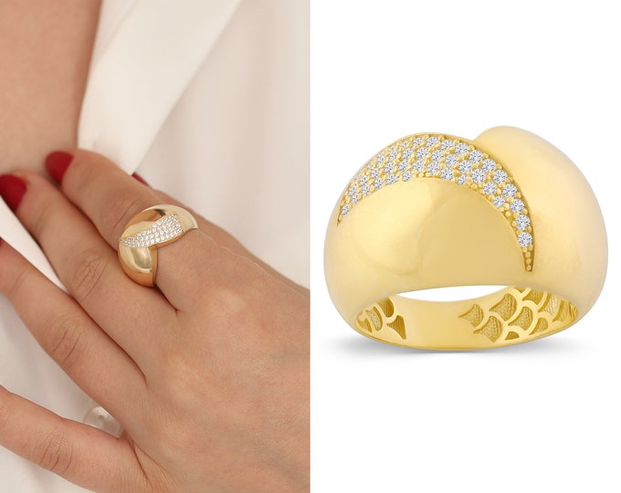 14k Gold Chunky Dome Ring | Sparkled Fore Finger Ring, Thick Statement Ring, Shiny and Bold Jewelry, Mom Gift, Engagement Gift, Gift for Her