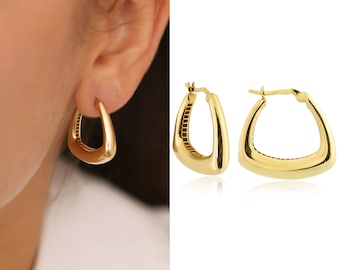 14k Gold Triangle Dome Earrings | Thick Triangle Tube Earrings, Bold Edge Hoop Earrings, Statement Jewelry, Birthday Gift, Gift for Women