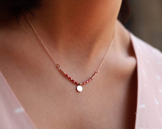 Red Coral and Gold Beaded Necklace | Gold Coin in the Center | Tube Shaped Real Coral Natural Stone with Ball Gold Beads | Gift for Her