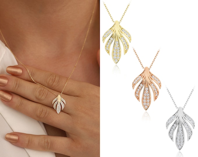 14k Gold Monstera Leaf Necklace | Shiny Gemstone Leaf Necklace, Tropical Leaf Pendant, Gold Monstera Necklace, Floral Jewelry, Gift for Her
