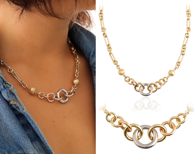 14k Gold Circle Link  Multicolored Chain | Chunky Necklace, Interlock Necklace Design Handmade Jewelry, Chain w/ Gold Sphere