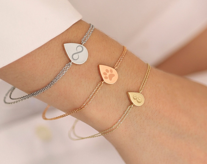 Name Initial Drop Urn Bracelet | 14k Gold Teardrop Cremation Ash Holder Bracelet, Engravable Drop Urn Charm, Memorial Keepsake for Pet Ashes