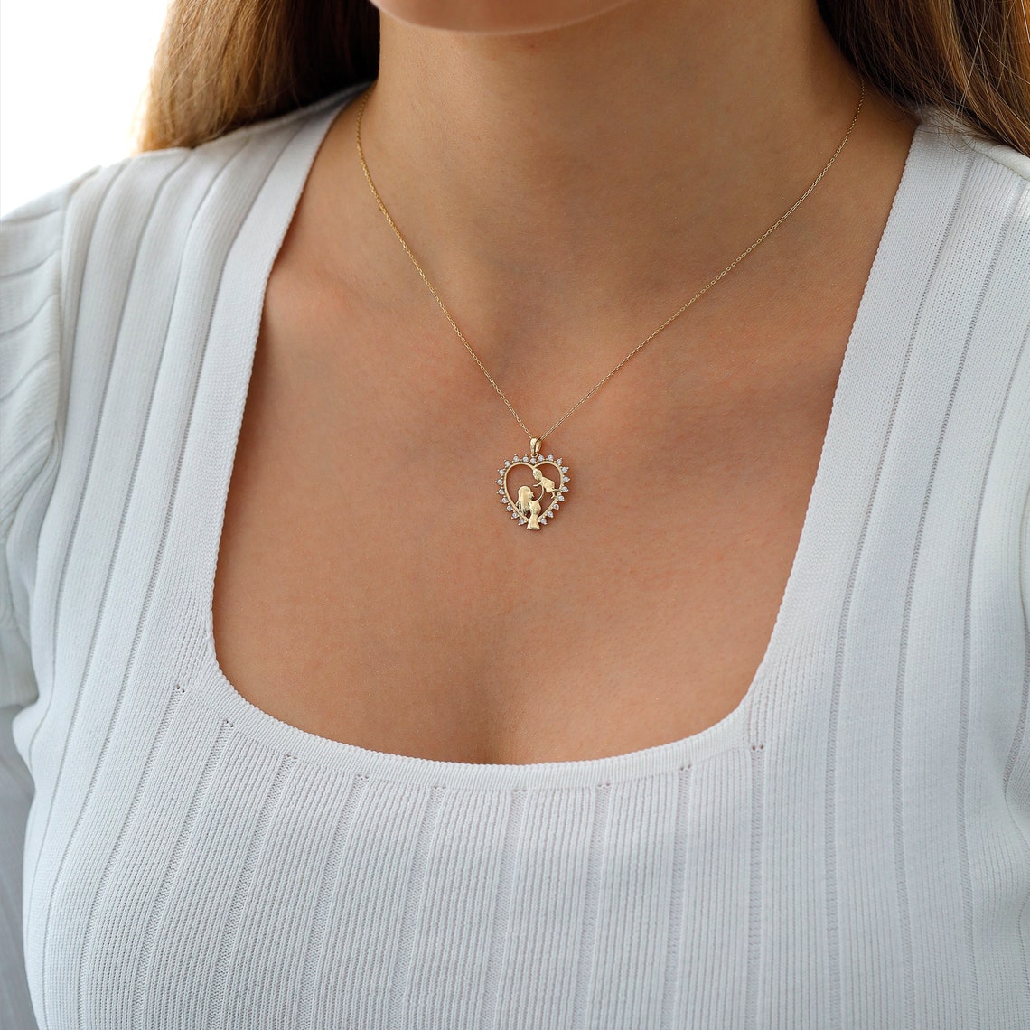 14k Gold Mother & Child Heart Necklace Heart Charm W/ CZ Etsy