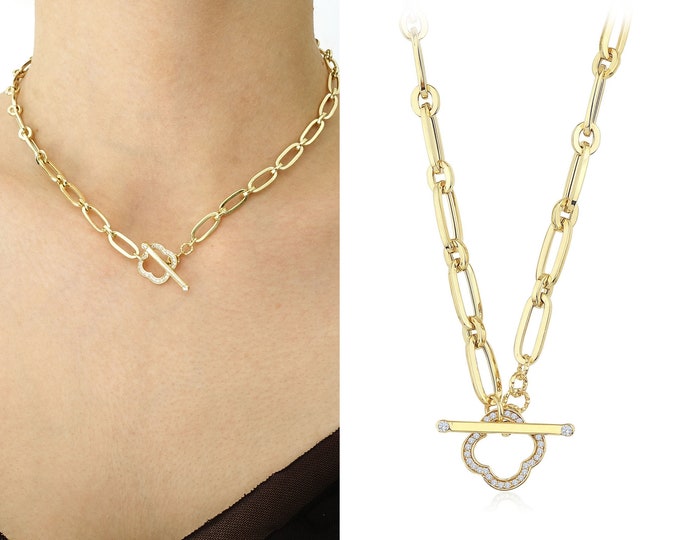 14k Gold Toggle Clasp Oval Paperclip Necklace | T-Bar, Bold Link, Elongated Link, Paperclip Chain Layering Necklace | Gift for Her