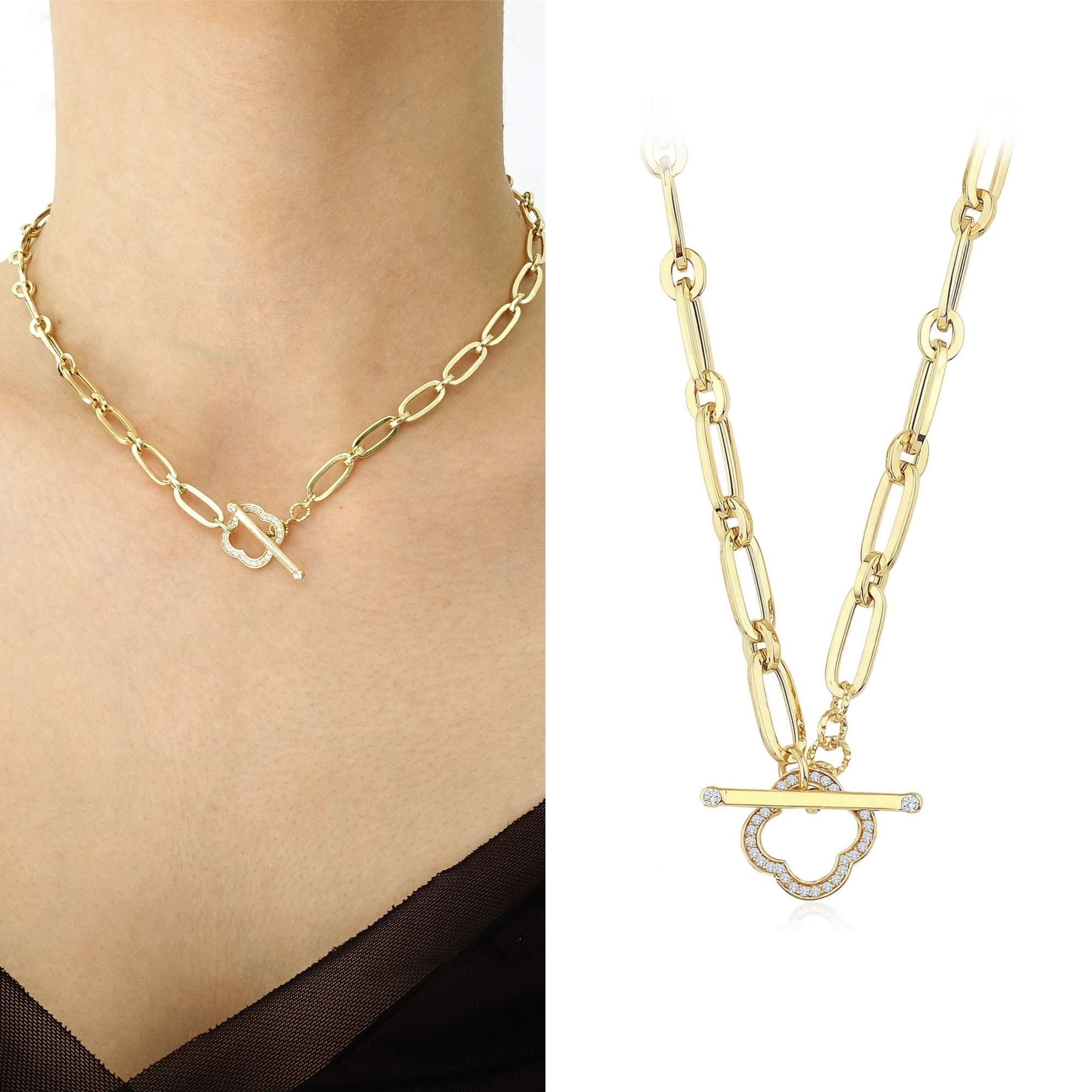 Lock Paper Clip Chain Toggle Necklace gold