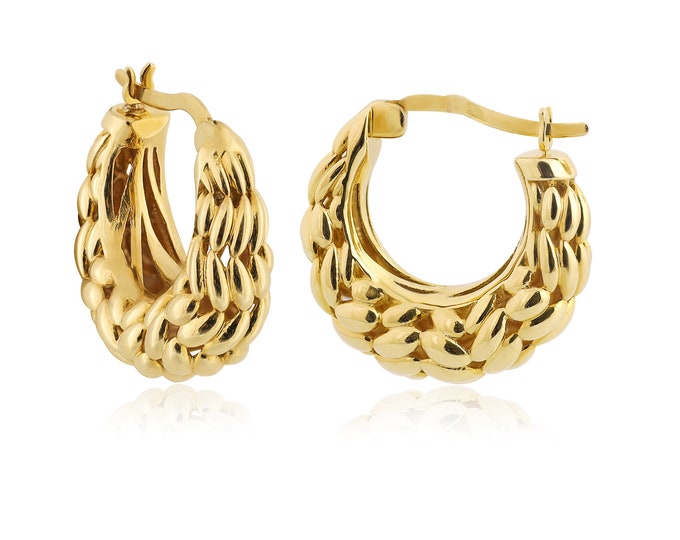 14k Gold Leaf Shaped Hoop Earrings, Vintage Design Earrings, Thick Filigree Hoop Earrings, Engraved Hollow Out Dangle Earrings, Gift for Her