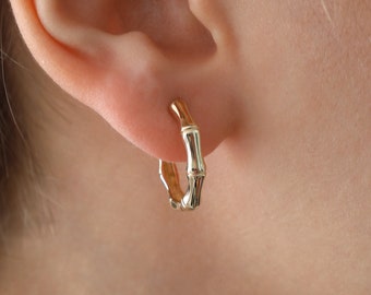 14k Gold Huggie Circle Earrings | Bamboo Hoop Minimalist Design