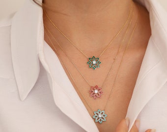 14k Gold Lotus Necklace | Enamel Floral Blossom Pendant Handmade Jewelry