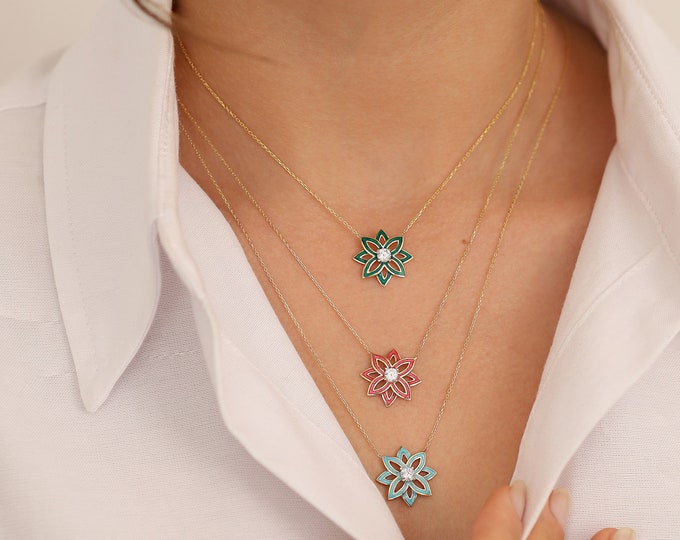 14k Gold Colorful Lotus Necklace | Blue Blossom Necklace, Enamel Flower Pendant Necklace, Handmade Enamel Floral Jewelry, Graduation Gift