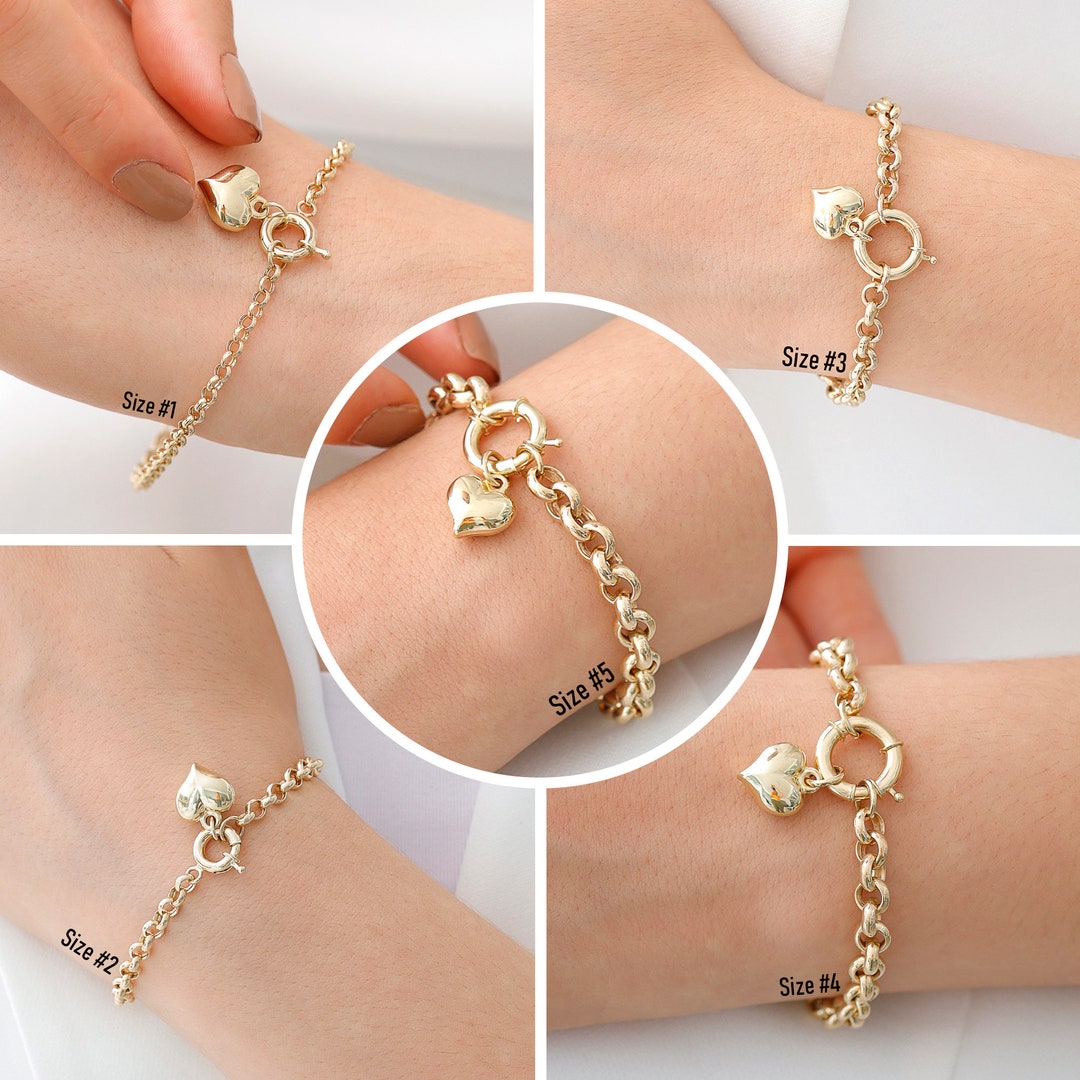 14k Gold Rolo Link Heart Charm Bracelet Handmade Jewelry, Rolo Link