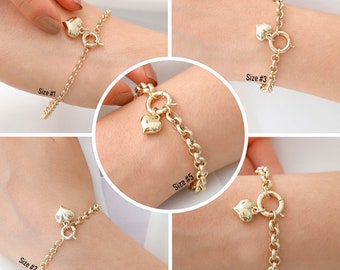 Pulsera de encanto de corazón Rolo Link de oro de 14k / joyería hecha a mano, cadena de eslabones Rolo con encanto, joyería gruesa, pulsera en forma de corazón, regalo de aniversario