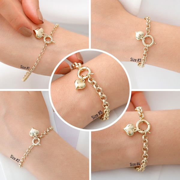 14k Gold Rolo Link Heart Charm Bracelet | Handmade Jewelry, Rolo Link Chain w/Charm, Thick Jewelry, Heart Shaped Bracelet, Anniversary Gift