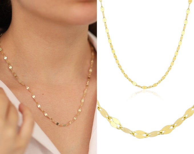 14k Gold Boomerang Chain Necklace | 3mm Sequin Chain Necklace, Lip Chain, Dainty Glitter Chain Layering Necklace, Sparkle Chain,Gift for Her