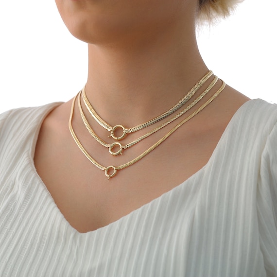  14k Gold Snake Herringbone Chain - Italian Craftsmanship - 4mm  Flat Shiny Gold Necklace - Heavy Fine Jewelry - Thick Chain - Gift for Her  - Mothers Day : Handmade Products