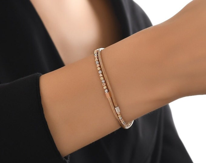 14k Gold Flex Mesh Double Chain Bracelet | Flexible Italian Chain w/ Gold Beads, Straw Braided Chain Bracelet for Daily Use | Gift for Her